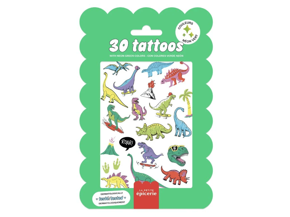 Pochette de 30 Tattoos Paillettes néon vert - Dino Crush